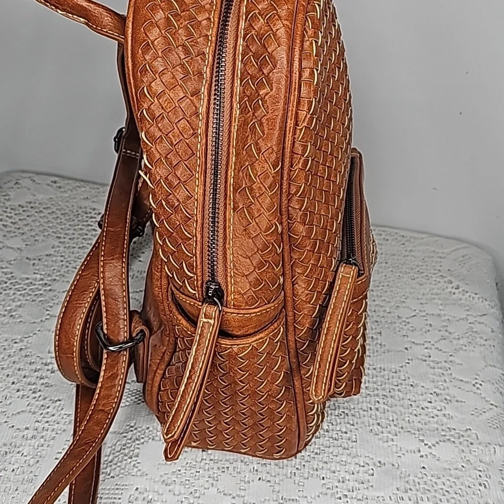 Shomico tan leather woven basket style weaved backpack purse handbag - Picture 5 of 8